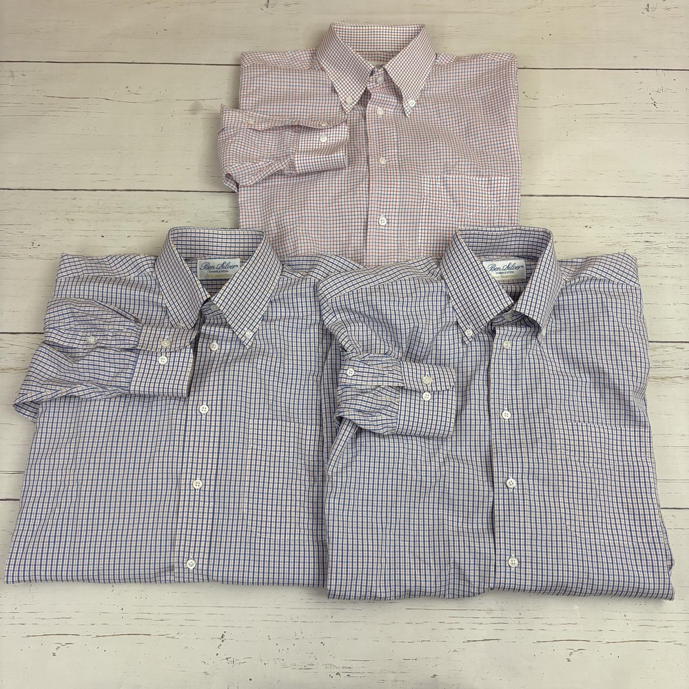 Ben Silver Dress Shirt Mens 16 34/35 Blue Check Button-Down Classic Lot Of 3